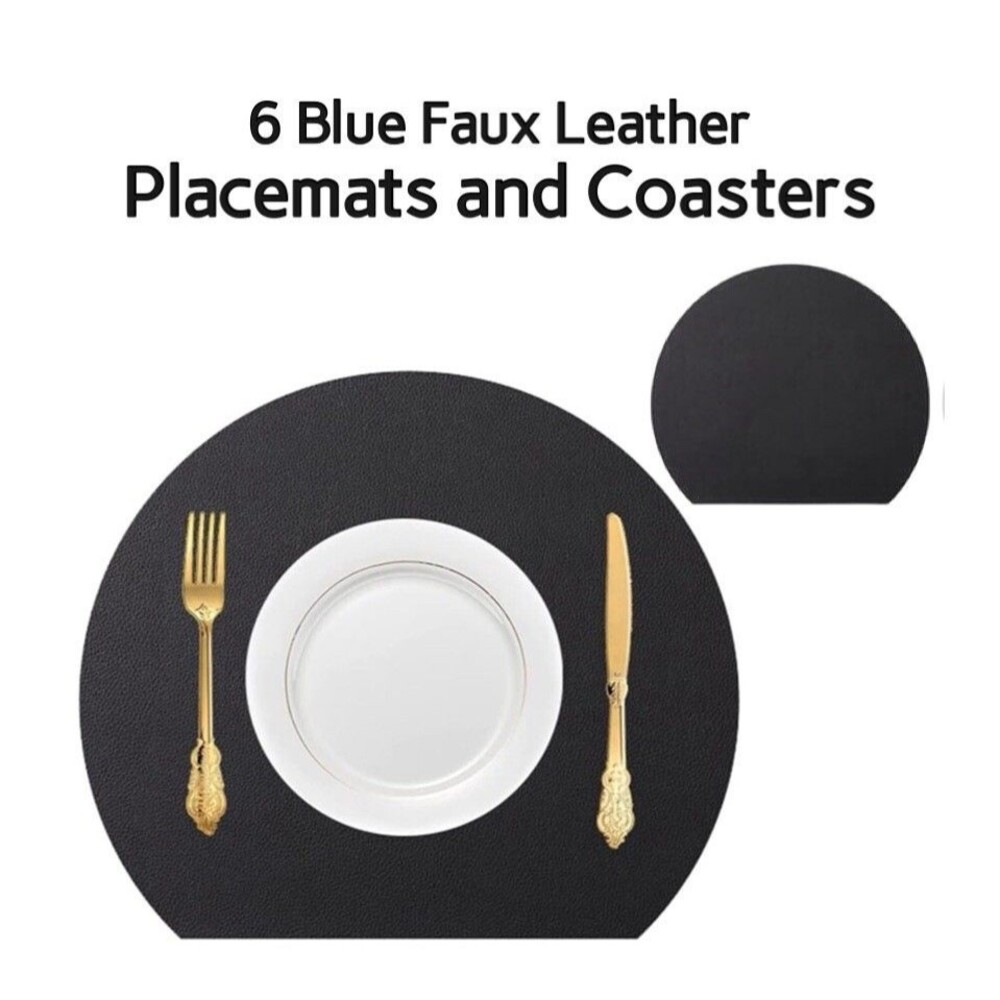 Set/6 Faux Leather Placemats Blue Double Sided Heat Resistant Semi Circle NIP